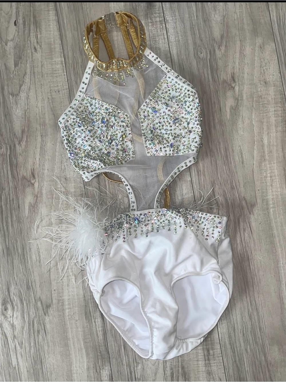 Glamour Costumes White & Gold Rhinestone Feather Dance Costume - Size CXL